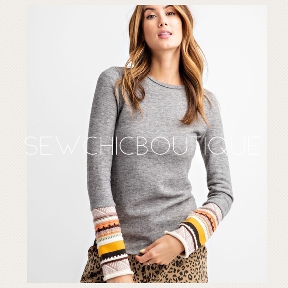 Gray Hacci Knit Contrast Sleeve Detail Top - Picture 1 of 5